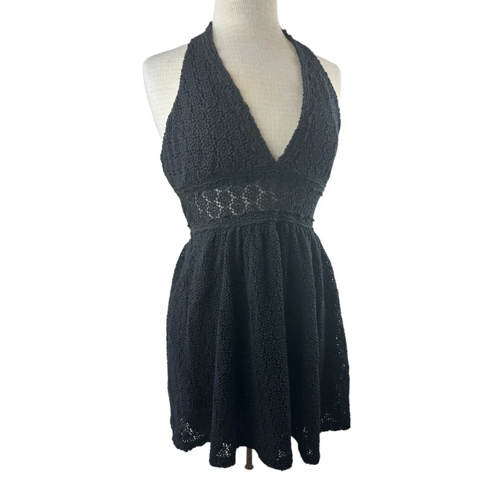 Free People So Sweetly Halter Mini Dress Crochet Black No Size Tag S *Read Desc - Picture 12 of 12